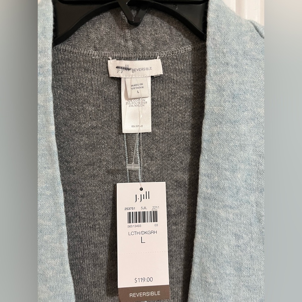 NWT J Jill Reversible Sweater L Petite Cardigan Open Front Gray Blue Long Sleeve - Picture 5 of 7
